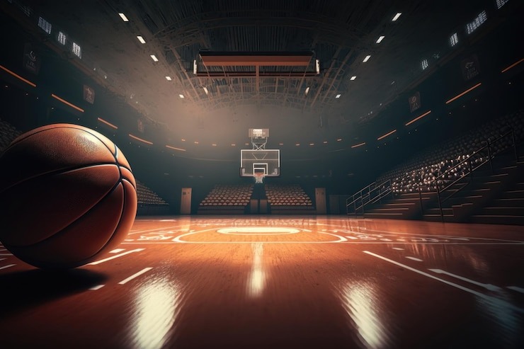 basketball arena with basketball